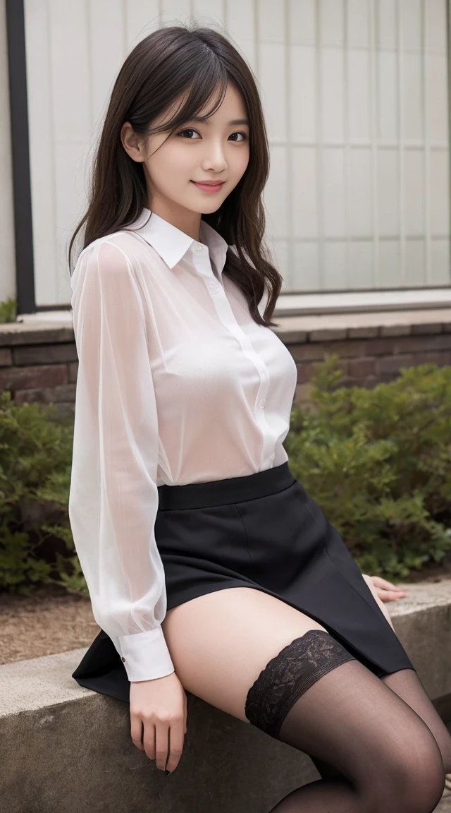 (Highest quality、4K、masterpiece:1.3)、美しい公園の芝生の上にSitting美しい 28 歳の上流階級の, Realistic skin texture、Sitting, (very good)combine_Hmph, long dress shirt、wear ((See-through shirt:1.3)), Incredible beauty、 Knee socks and skirt, (Wearing ultra-realistic pantyhose)、Elegant Japan woman, long dress shirt, , Japanese Model, Wear it for longer, Loose-fitting clothing, dressed with fluent clothes, Very cute models, Cute and elegant pose、Laughter、Realistic texture、Glowing Skin、Exposed thighs!!!、Provocative pose