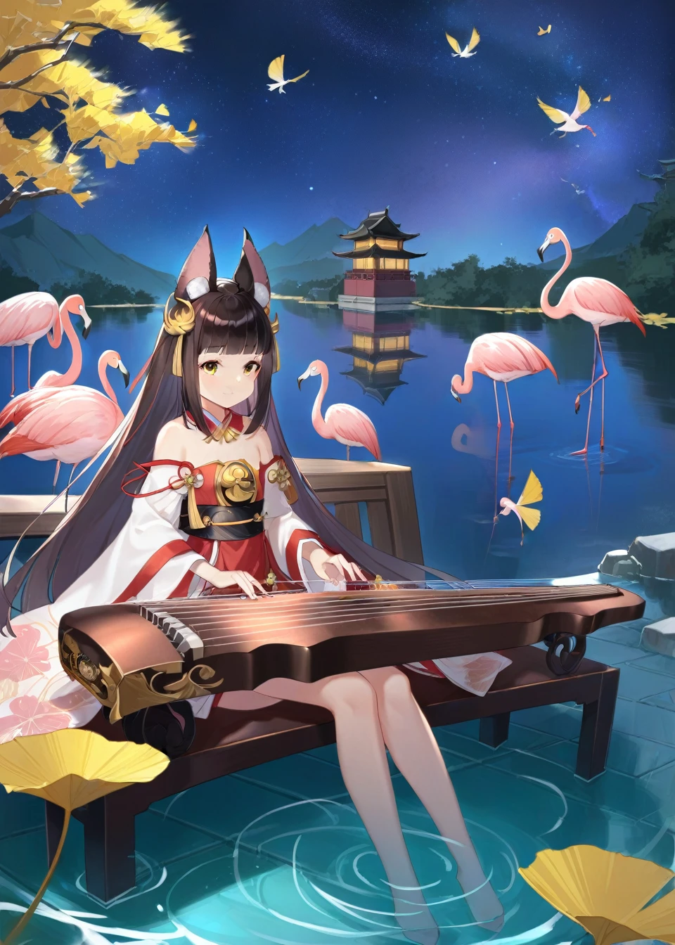 1 Girl,1 Girl,Solitary,Nagato \(Azur Lane\),Erune,A faint smile,Wearing Tang Dynasty clothes,,,East Asian Architecture,wall,table,firefly,flamingo,night,ginkgo leaf,Erhu,sit,wooden chair,sit , Guzheng,Musical instrument  ，Vision