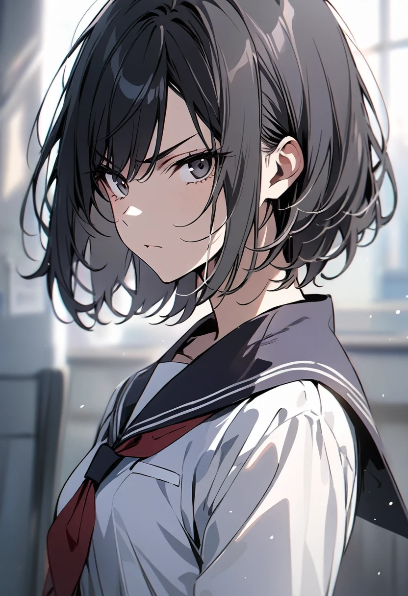 best quality, masterpiece,black hair, black eyes,school uniform, upper body, Fair skin, short hair, girl, serious look