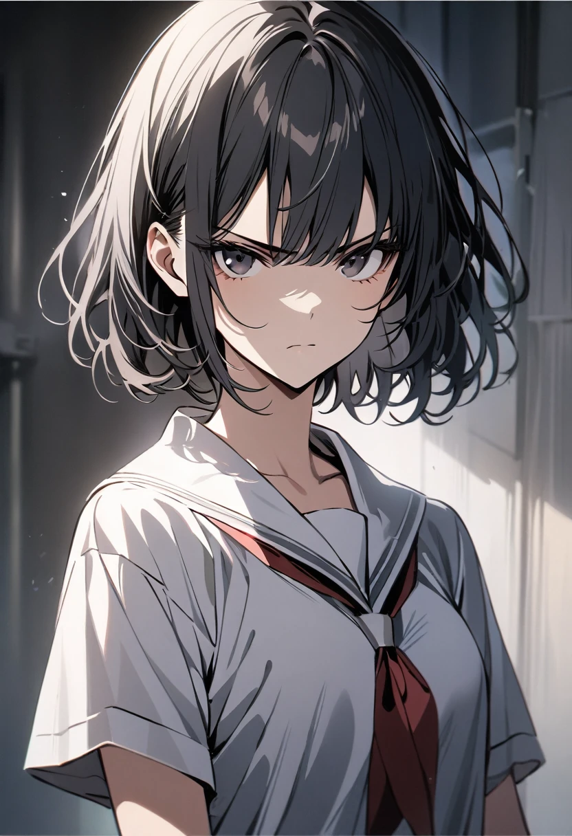 best quality, masterpiece,black hair, black eyes,school uniform, upper body, Fair skin, short hair, girl, serious look