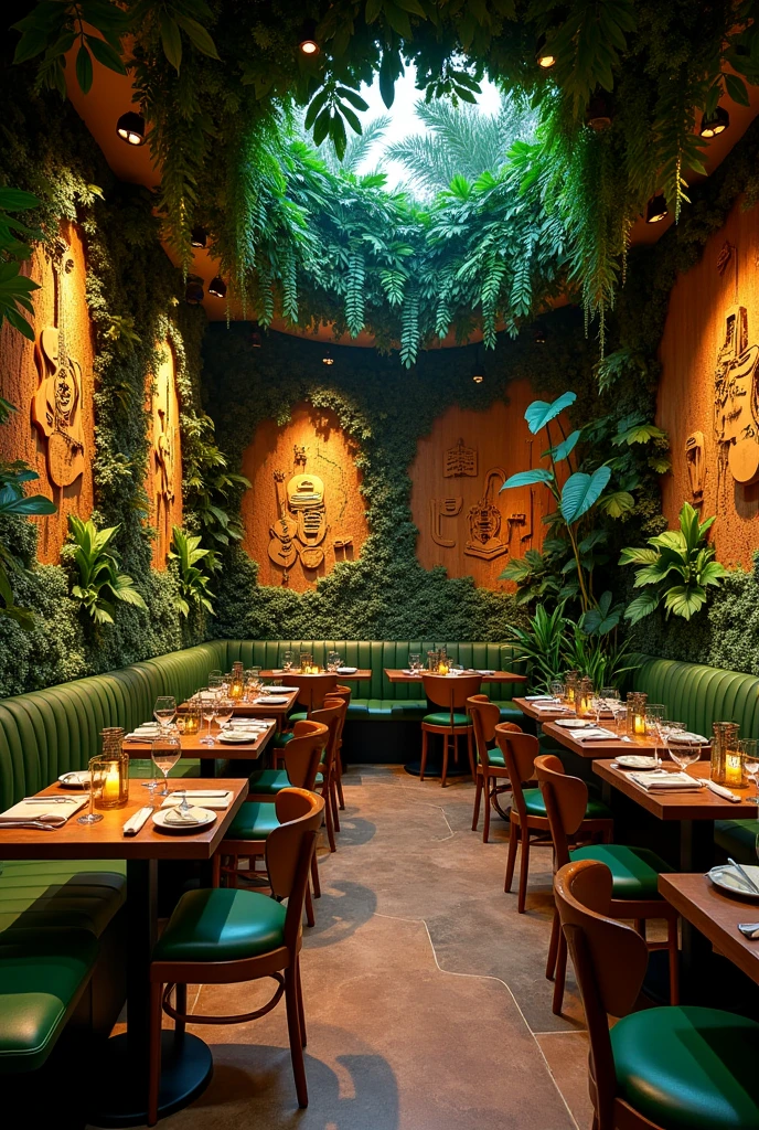 Jungle theme resturant decor and also wall sculpture on few walls with karoke and music theme on a single wall 
