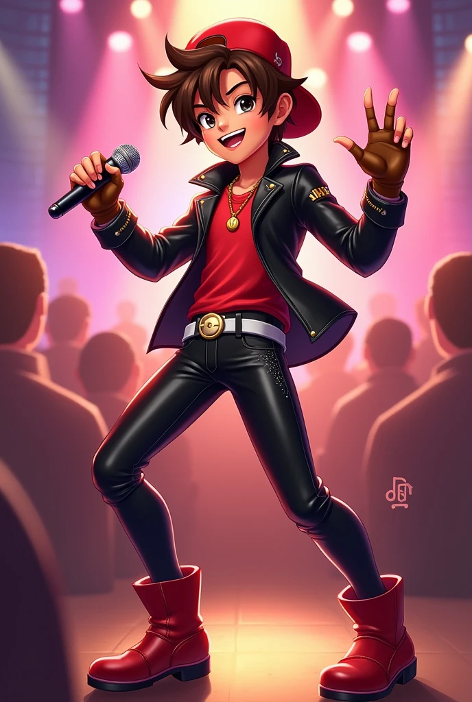 a  boy, smiling, brown hair, Red Cap, Red shirt, gold necklace, black long sleeves black color, brown fingerless gloves, white belt, Black vinyl skinny leggings with shiny details, long red boots, Dancing and Singing, moving her butt, full body on a concert background 