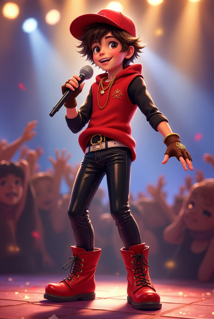 a boy, smiling, brown hair, Red Cap, Red shirt, gold necklace, black long sleeves black color, brown fingerless gloves, white belt, Black vinyl skinny leggings with shiny details, long red boots, Dancing and Singing, moving her butt, full body on a concert background