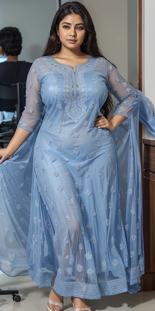 Day scene, A radiant, full-figured South Indian 3 aunty a light blue colour chiffon fully transparent kurta, bra visible through kurta, ,standing, in a office captured in a full-body image with vibrant hues and meticulous details. Full body image