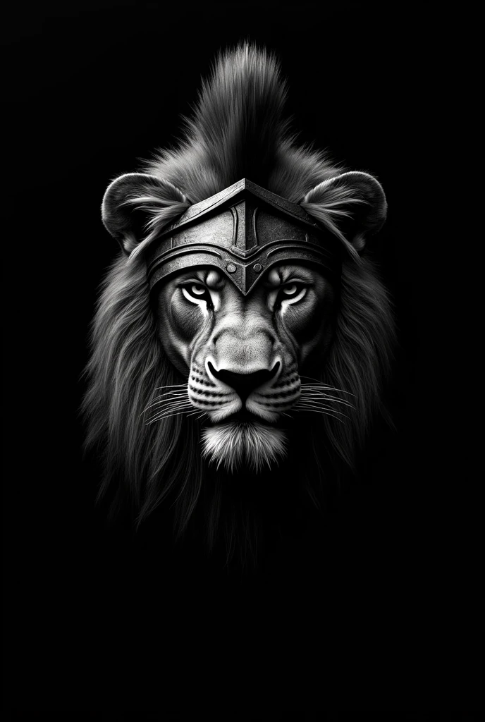 Create a pure black, no details, a Lion Head with fully spartan helmet facing infront
