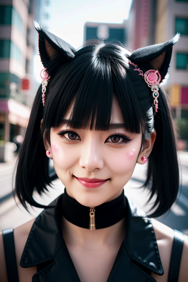 black hair, hair bobbles, wince, longeyelashes, solid circle eyes, fake animal ears, light smile, ear blush, ccurate, Surrealism, drop shadow, anaglyph, stereogram, tachi-e, pov, atmospheric perspective, Surrealism, 8k, super detail, best quality