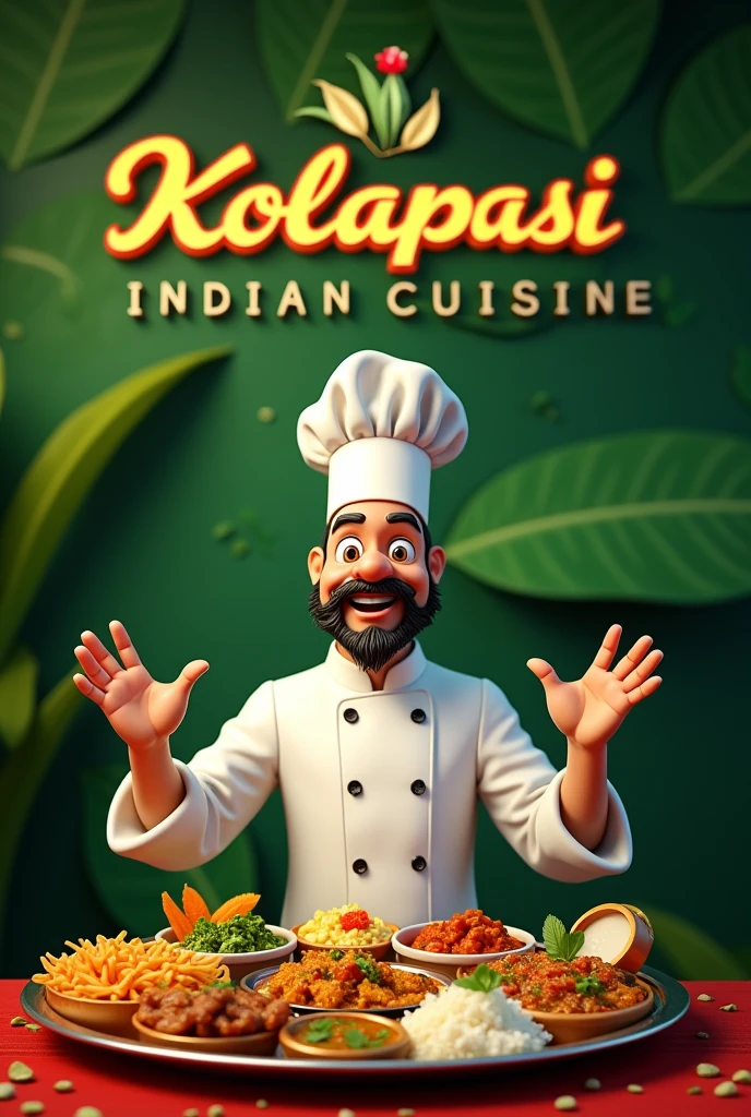 Calssy Banana leaf background with chef meme and with restaurant name kolapasi indian cuisine and thali plate and items