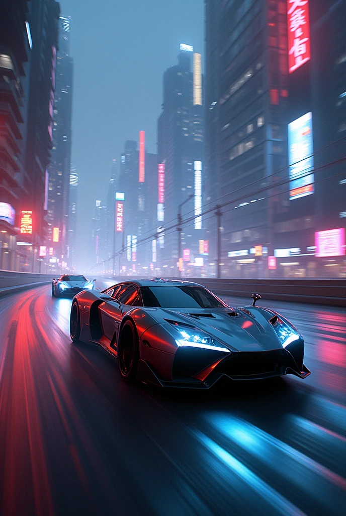 A dynamic aerial view of a futuristic cityscape at night, with sleek, flying vehicles racing through the narrow gaps between glowing skyscrapers. The detective’s vehicle is in the foreground, pursued by shadowy attackers in black, ominous crafts. Neon lights and holographic signs flash by in a blur of color and light.