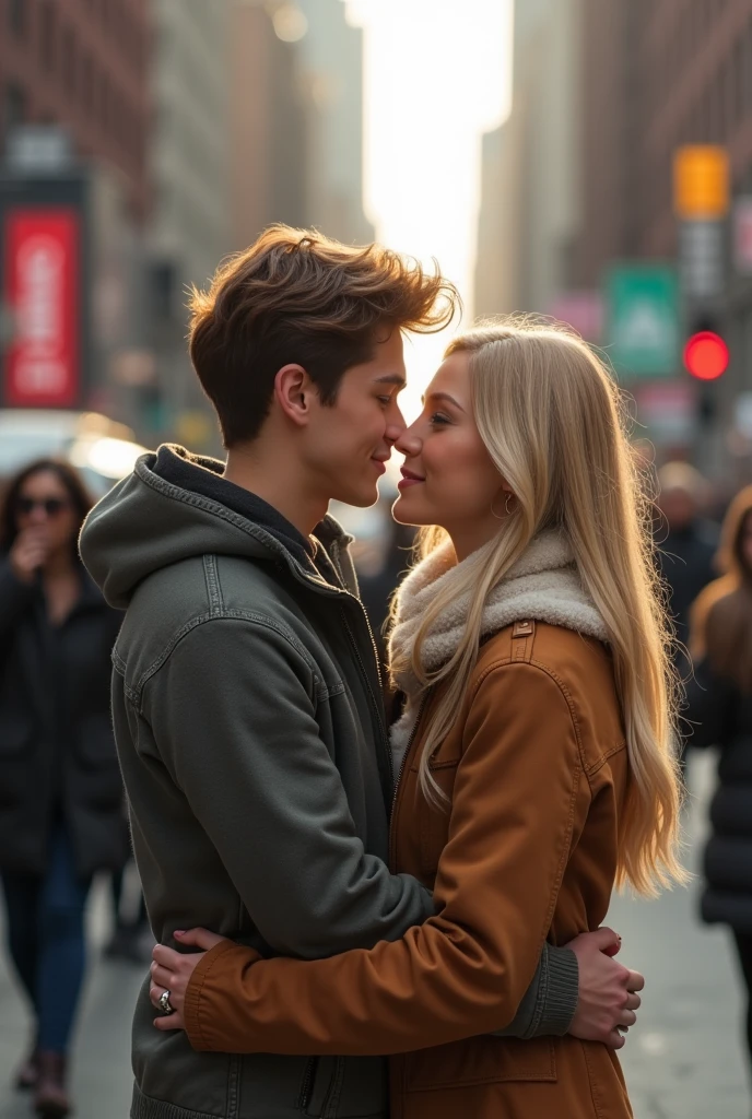 Young man with brown hair and eyes hugging his blonde wife with green eyes long hair on the streets of NY 8k ultra realistic photorealistic