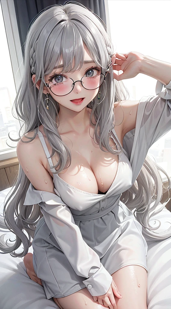 1Girl, 2, Solo, Anime, Ideal body, (Cleavage, Small breast, Hard Nipple). Beautiful, Gorgeous, Fresh, Blunt Bangs, (White Grey Hair:1.5),(Straight and Wavy Long Hair:1.3), colorful, suit, formal shirt, formal dress, perfect laced bra, cream bra, black bra, casual skirt, camisol, cotton texture, laced, casual pants, Off-Shoulder, Oversize, Comfort, Loose shirt, Fabric Texture. (Seiza:1.3). Earrings, Thin Black Headband, Eye Glasses, Green Accessories, Environmental Details, Bed Room, Natural Light, Modern Bed, Chair, Window, White Curtain, City View. pov, anime style, UHD, retina, masterpiece, accurate, anatomically correct, textured skin. High Resolution, Looking at viewer, Blush, Best Quality, Award Winning, Accurate, Embarrassed, seductive smile, naught smile, horny, sweating, Naughty Face, Chin up, lips open, Gradient Eye Color, Sexy Pose. Top view shot, body bent to viewer ,front of camera, looking up to viewer, tongue out, open mouth. From Above, Close-Up, (sticky goo on breast), (white goo on body), (sweating). Milk, white milk on breast. Hand correct, arm correct. 2 hand, 2 arm.