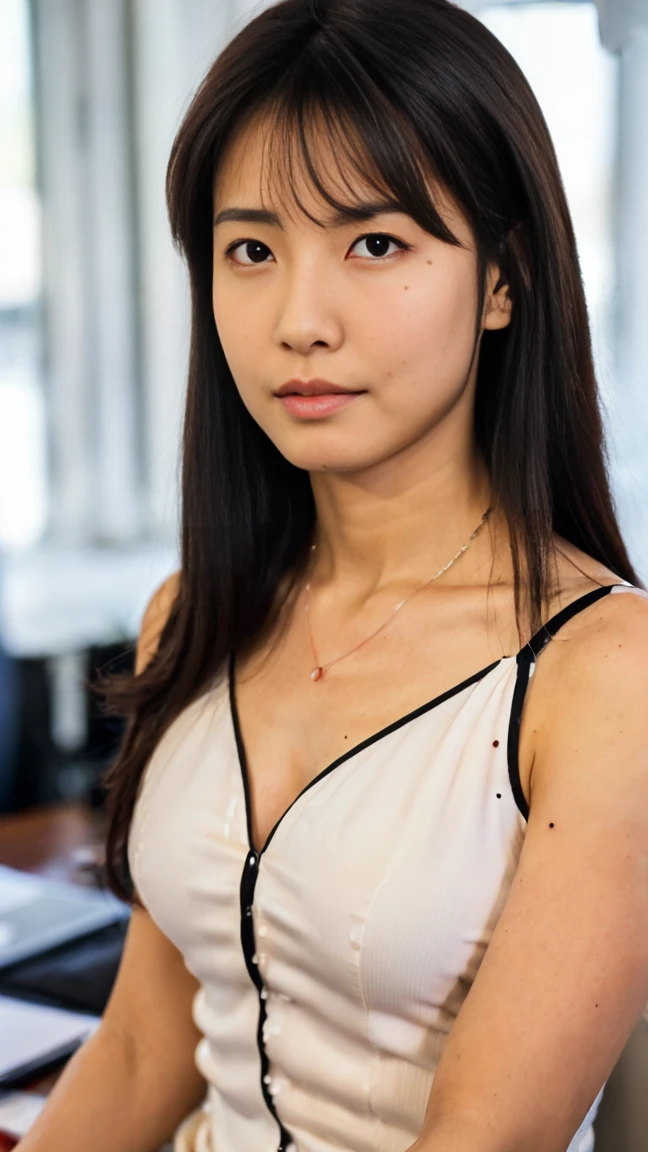 (top-quality, 16K, masterpiece:1.3), (ultra detailed), (masterpiece), (best quality), Highest quality, Realistic, Surreal, Highest quality, Extremely detailed CG, Very delicate, 16K wallpaper, High resolution, A woman in a management position at a prestigious company, 38歳, beautiful woman, ((Silky hair:1.2)), (beautiful short hair:1.2), BREAK ((upper body:1.5)), ((look into the viewer's eyes:1.5)), ((looking at viewer:1.5)), ((Front view:1.5)), ((from front:1.5)), BREAK ((thin lips:1.5)), ((orgasm:1.5)), ((ecstasy:1.5)), ((mole under eye:1.5)), ((UNTITLED business suit:1.2)), ((Very simple necklace)), With a large window Japanese office, ((Working at desk:1.5)), Japanese, slender body, very detailed, detailed fingers, detailed hands, detailed eyes, detailed legs, accurate and perfect human anatomy, real human skin,