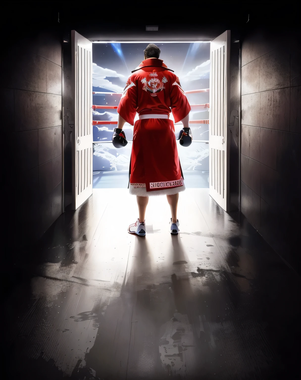 The back of a man in a boxing robe standing at the door , Imitating the style of Kyrill Kotashev, getting Ready to fight, HBO Showtime Boxing, Red robe, Ready to fight, Boxing Stance, Official Fanart, A dazzling masterpiece of light, In the boxing ring, Ready to fight, mma left-handed stance, Manny Pacquiao movie stills, official art works