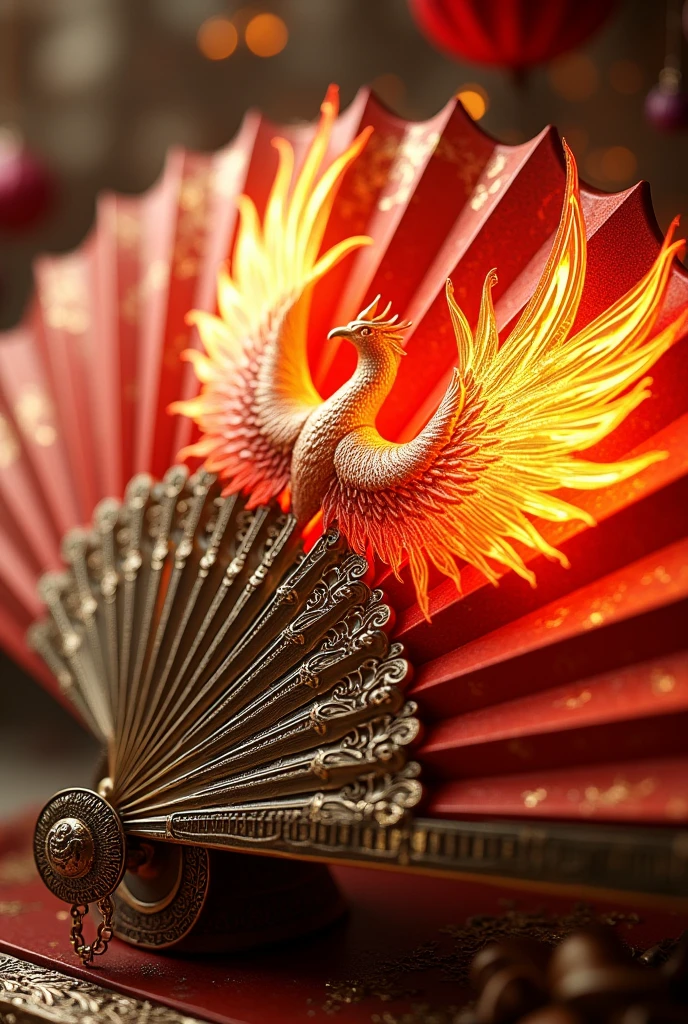 3D detail depiction，Highest quality，Fan close-up，The combination of fan and blade，Phoenix，Flashing with fire，Phoenix配饰，Metallic luster，Royal style，Elegant and refined feel。High Detail，16k resolution ,