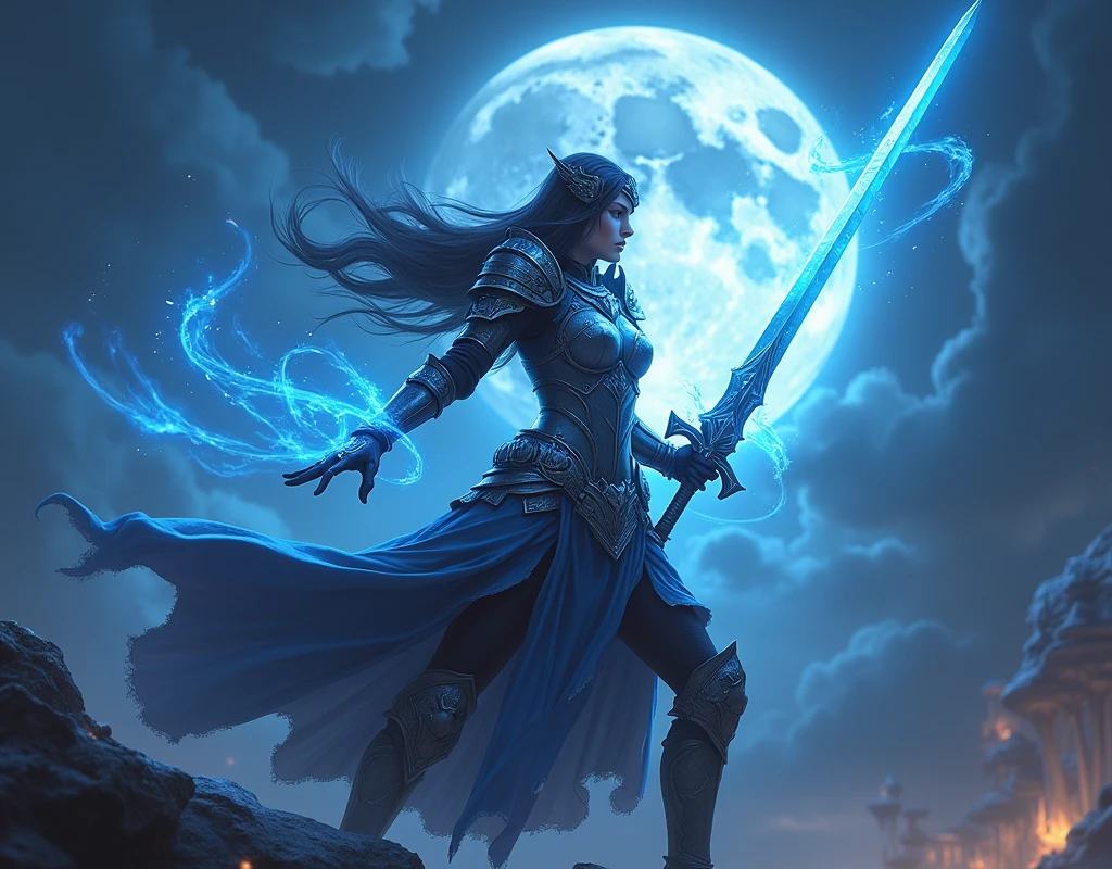 Elden Ring, Magica, Moonrise, blue sorceries, great sword, Carian knight, portrait, hellmet, Carian armor, woman knight