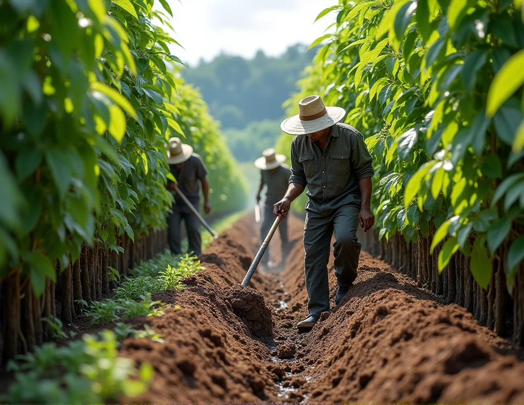 Digging trenches and applying pesticides to a rubber tree