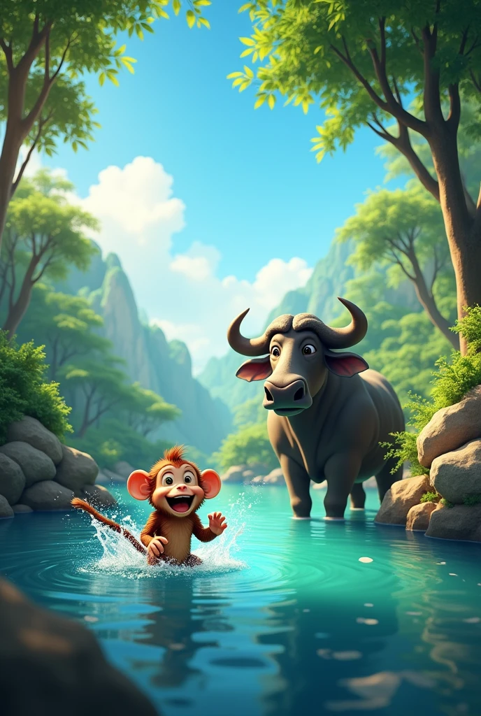 Show a lush green jungle with a beautiful blue sky. Show the chubby monkey splashing water in the lake, with a joyful expression. Introduce the buffalo slowly walking into the water.