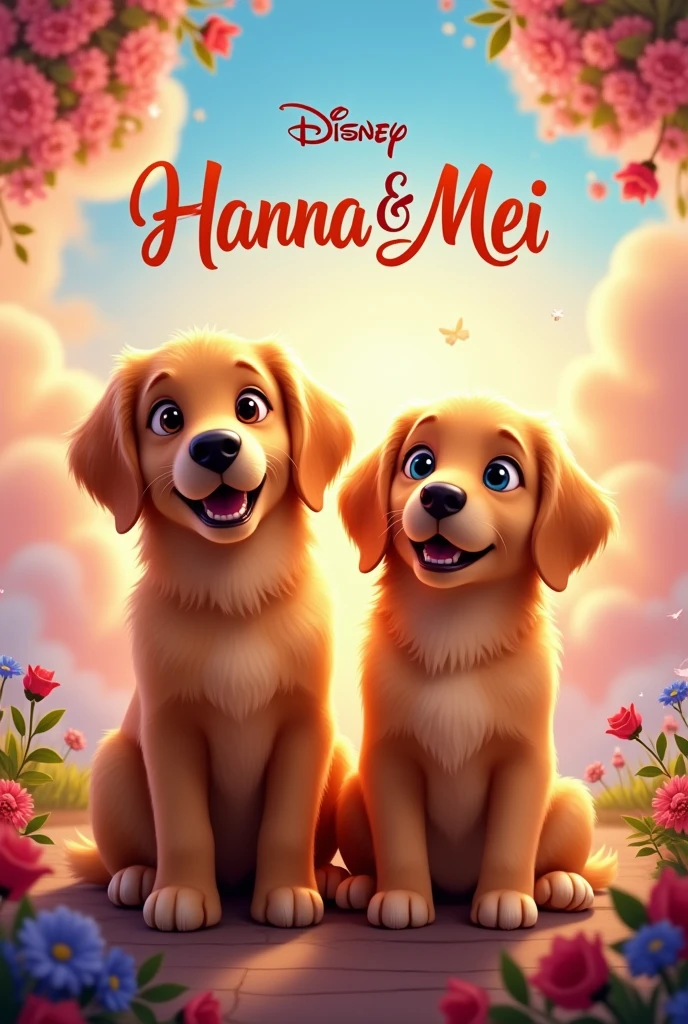 Two golden retriever dogs named Hanna and MEI on a poster for a Disney DreamWorks-type movie 