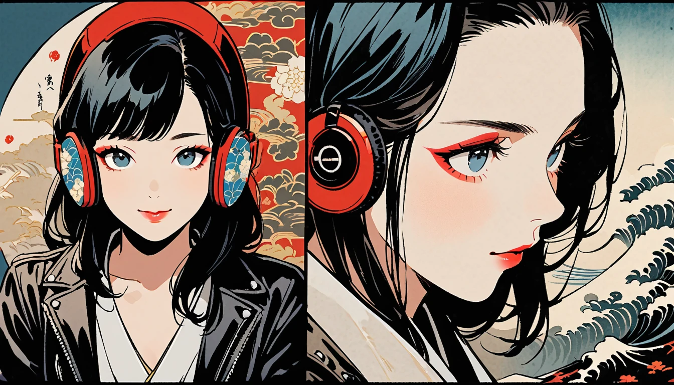 (((Ink Painting))), (((from above))), (((1 female))), (((Leather jacket with Japanese patterns))), (((20-year-old))), (((Very flashy makeup))), Japanese style headphones, devil, face close-up, front view, Japan人の美少女, Black Hair, Delicate and precise, Modern ukiyo-e style,Japan, Droopy eyes, round face, smile, Fuller lips, Red and Blue