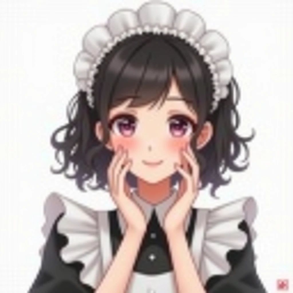 ((Beautiful lady:1.5),High resolution, top quality),wearing maid uniform,soft hands, big bright eyes, dark and vibrant curly hair, Sweet smile, rosy cheeks, luz outfit, pure white background.  