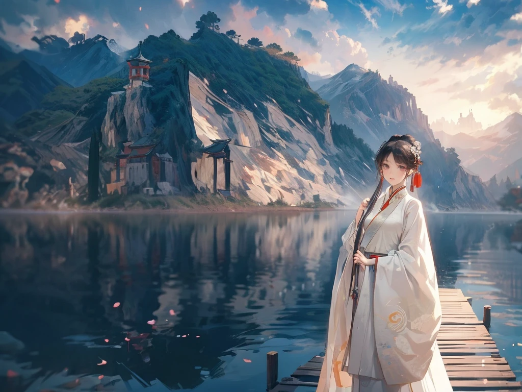 best quality，People wearing Hanfu standing on the boat ， People in Hanfu, Chinese, 穿着ancient China的衣服, ancient China, 身着ancient China服饰, Chinese traditional clothing, Chinese Fantasy