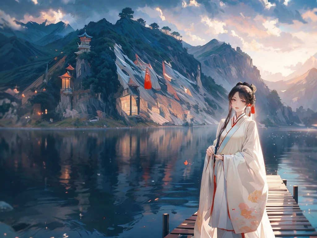 best quality，People wearing Hanfu standing on the boat ， People in Hanfu, Chinese, 穿着ancient China的衣服, ancient China, 身着ancient China服饰, Chinese traditional clothing, Chinese Fantasy