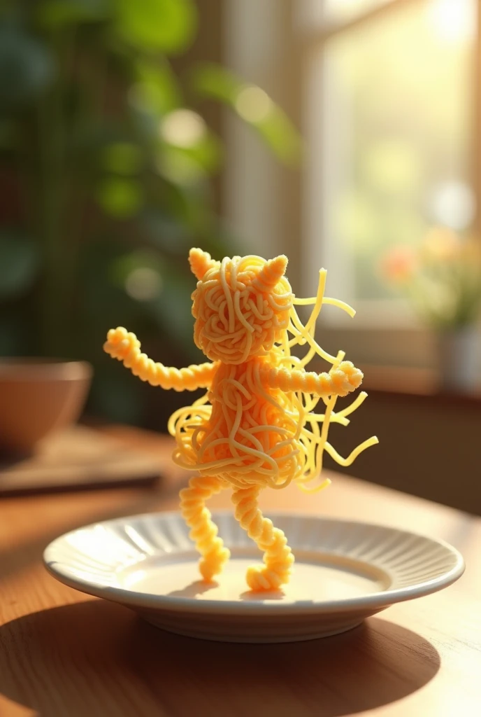 Leonardo Ai Prompt "A whimsical miniature figure composed of delicately arranged noodles, poised in a carefree dance on the rim of a plate, white shiny plate, set on a table, vibrant kitchen backdrop, where dappled sunlight filters through the canopy above, casting intricate shadows. The overall aesthetic is ethereal, with warm, earthy tones of sienna, umber, infused with hints of emerald and golden light, evoking a sense of wonder and enchantment, as if plucked from a fantastical realm.
Luma Labs Ai prompt "A human like figure made of noodles dancing.