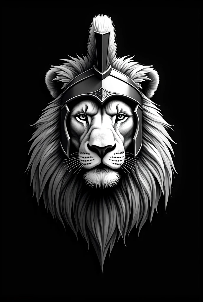 Create a pure black, white background, no details, a Lion Head with fully spartan helmet facing infront