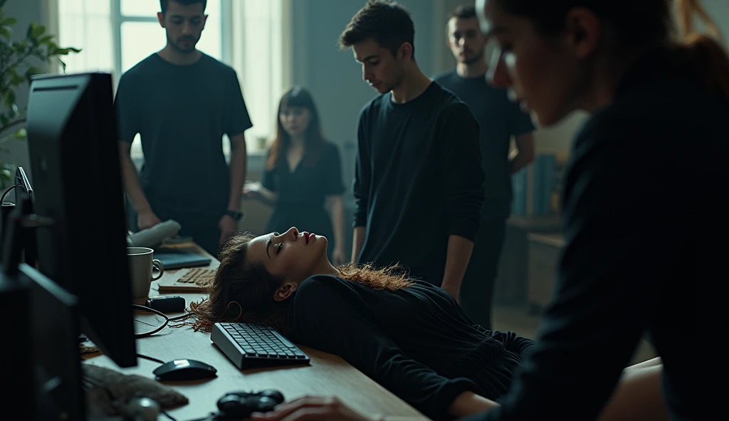 a woman dressed in black is dead indoors in front of her computer. surrounded by people

