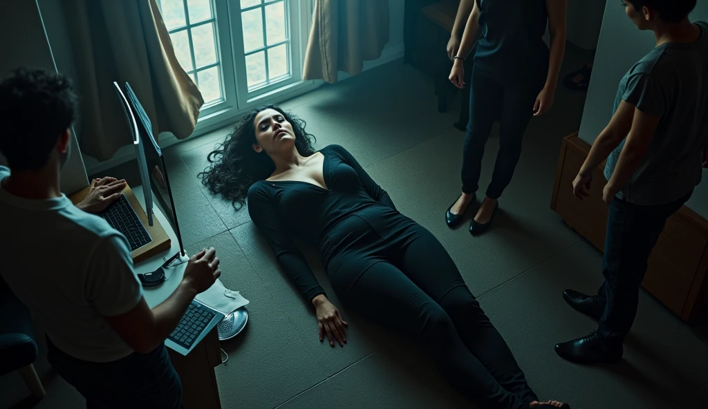 a woman dressed in black is dead indoors in front of her computer. surrounded by people