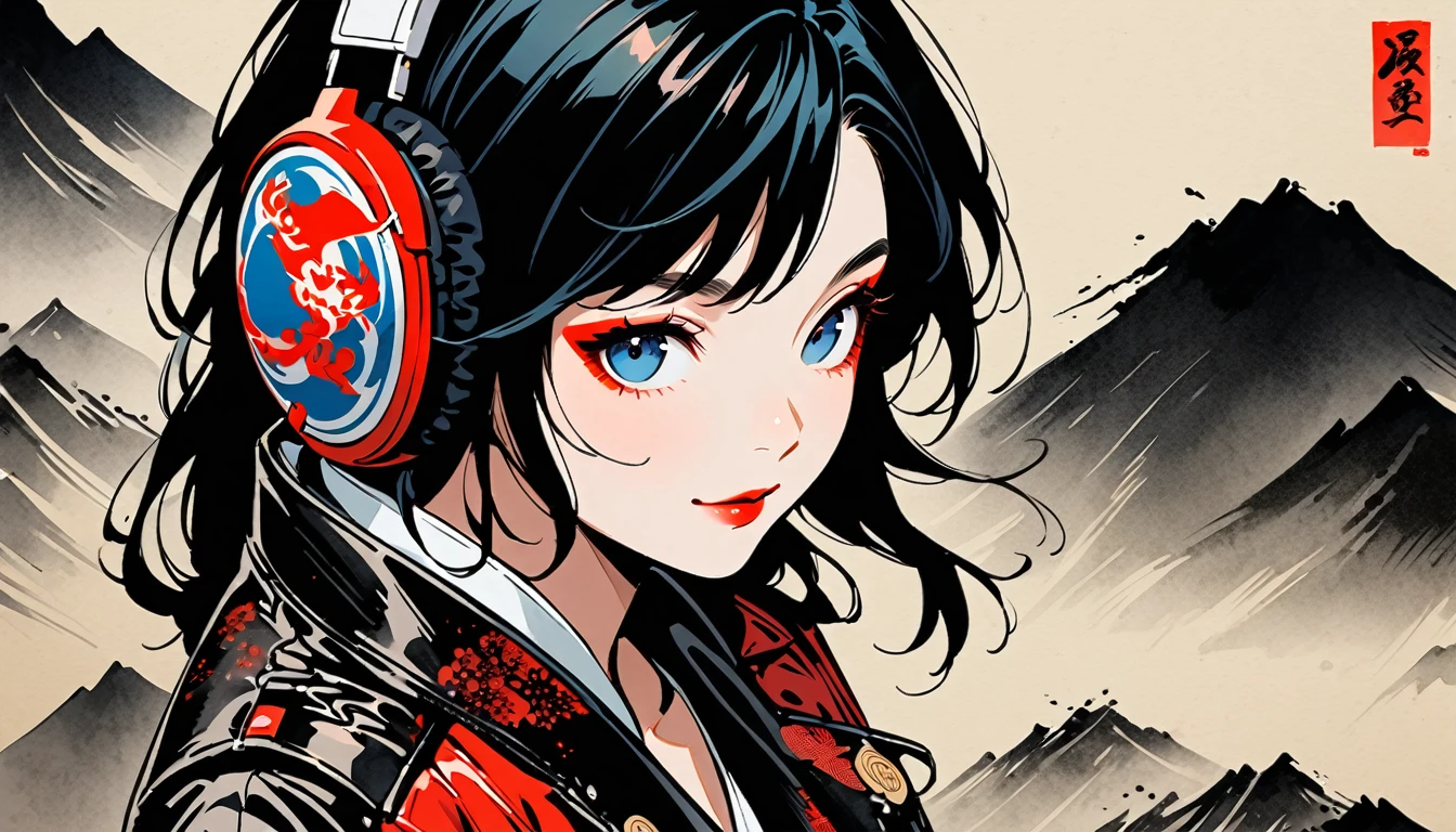 (((Ink Painting))), (((from above))), (((1 female))), (((Leather jacket with Japanese patterns))), (((20-year-old))), (((Very flashy makeup))), Japanese style headphones, devil, face close-up, front view, Japan人の美少女, Black Hair, Delicate and precise, Modern ukiyo-e style,Japan, Droopy eyes, round face, smile, Fuller lips, Red and Blue
