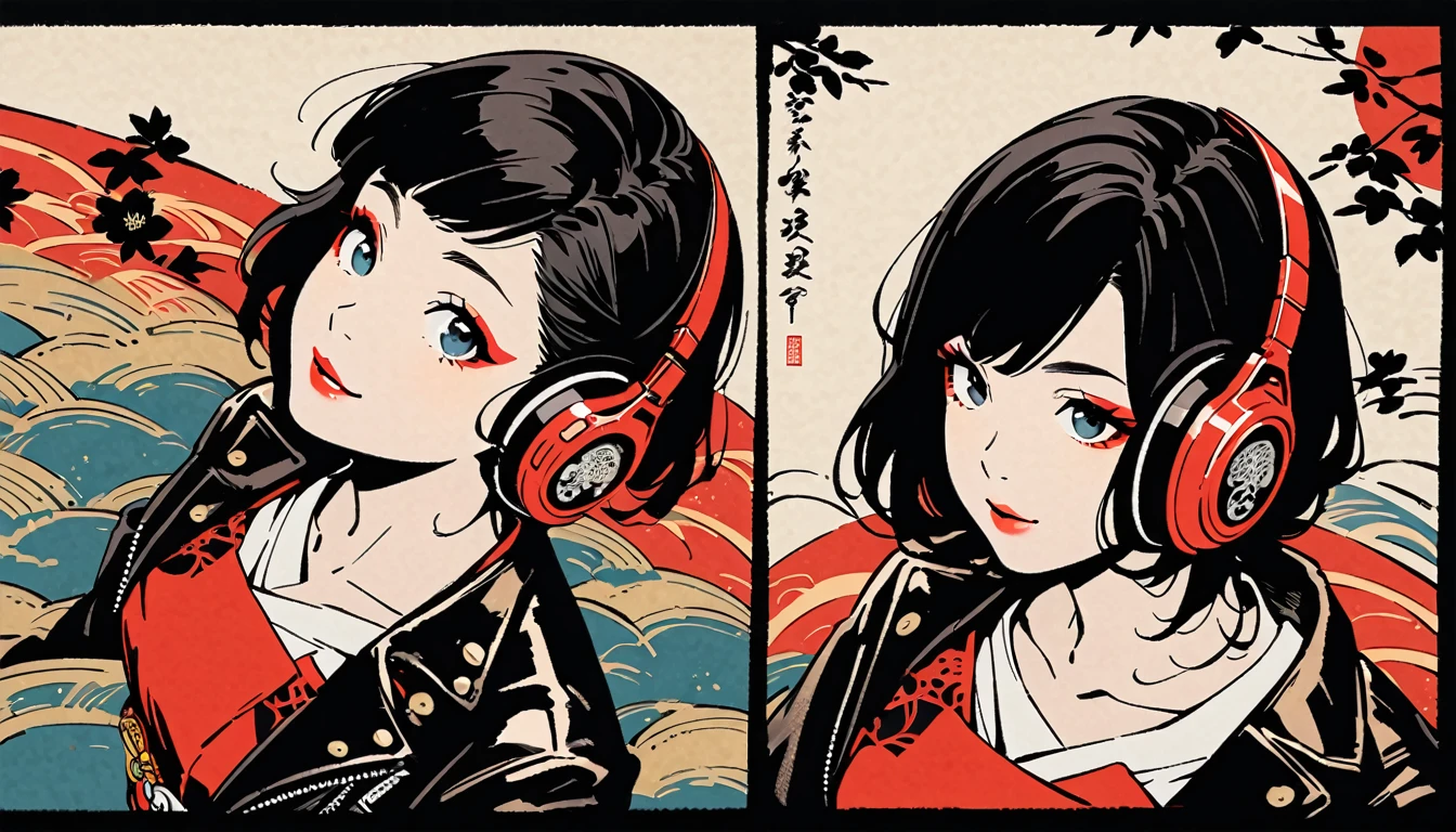 (((Ink Painting))), (((from above))), (((1 female))), (((Leather jacket with Japanese patterns))), (((20-year-old))), (((Very flashy makeup))), Japanese style headphones, devil, face close-up, front view, Japan人の美少女, Black Hair, Delicate and precise, Modern ukiyo-e style,Japan, Droopy eyes, round face, smile, Fuller lips, Red and Blue