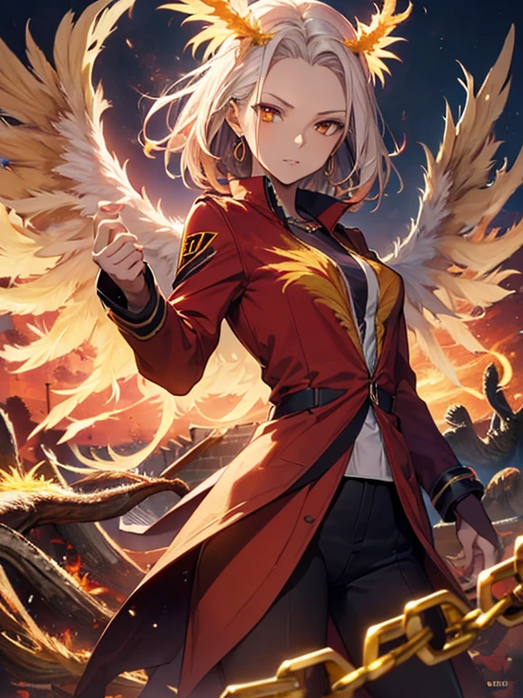 (Phoenix:1.5), Phoenix, Phoenix, Red Chain, The background is a prison, Beauty, Android 18, (masterpiece), highest quality, 1girl, uhd, retina, masterpiece, ccurate, anatomically correct, textured skin, super detail, high details, high quality, best quality, highres, 4K