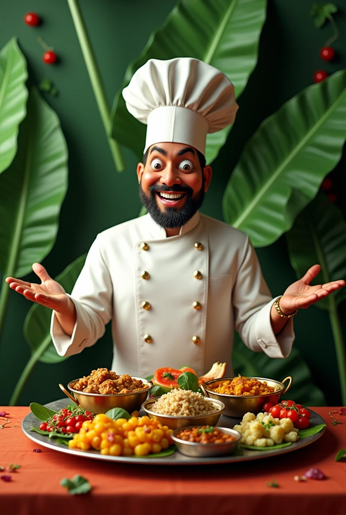 Calssy Banana leaf background with chef meme and with restaurant name kolapasi indian cuisine and thali plate and items