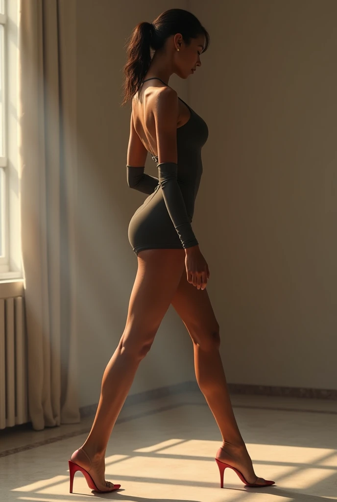 one women. She radiates self-confidence, while her figure-hugging dress accentuates her curves. Her long legs are perfectly showcased by a tight-fitting short Nike pro, while the top shows her delicate shoulders and elegant neck. Her confident gait and graceful posture make her an eye-catcher in every room. She stands sideways.