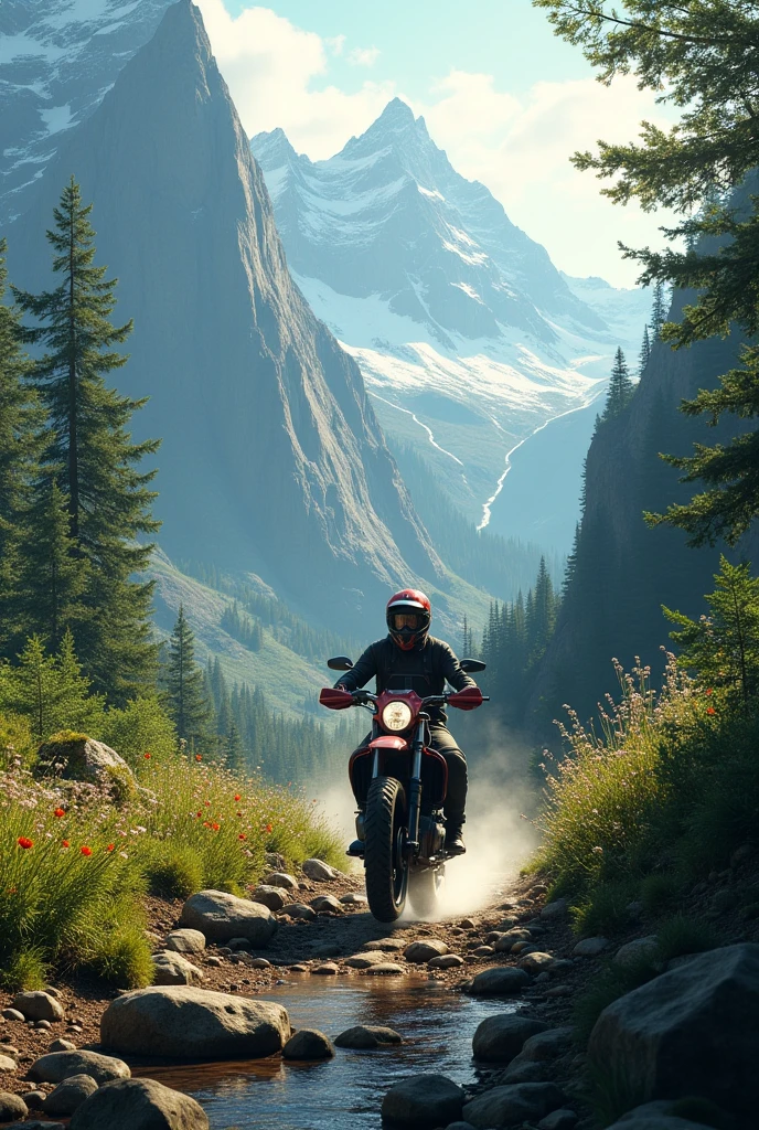 Motorcycle riding in mountain trails with beautiful view of nature