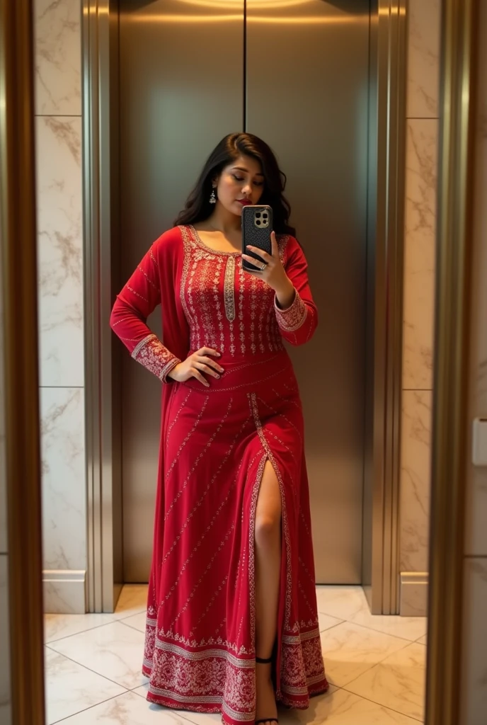 Create a mirror selfie of a sexy curvy woman wearing a traditional red Indian outfit with a white bandhani pattern. The outfit has a round neckline, long sleeves, and a high slit in the front. She is standing in front of an elevator with marble walls on the sides, and the mirror reflects her image. Her face is partially hidden by her phone as she takes the selfie. The image should include the staircase and marble flooring visible in the background, with the overall lighting being natural and warm.