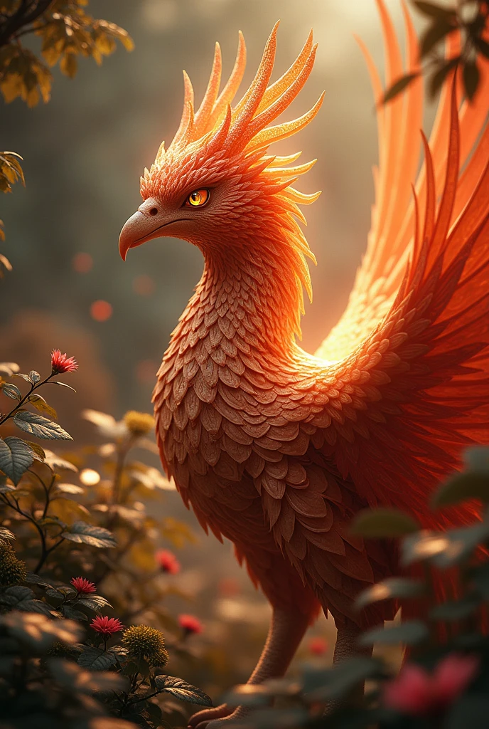 Masterpiece， best quality， 16k HD wallpaper， super detail， phoenix，A divine beast with Chinese patterned skin through trees on the canvas， in the style of kilian eng，in the style of hyper-detailed illustrations，nature-inspired compositions， dark gold and red，chinapunk， close up， realistic color schemes，Kilian Eng style,