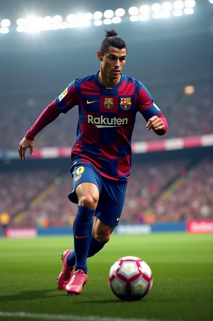 Ronaldo in a barcelona shirt ans shoting a goal