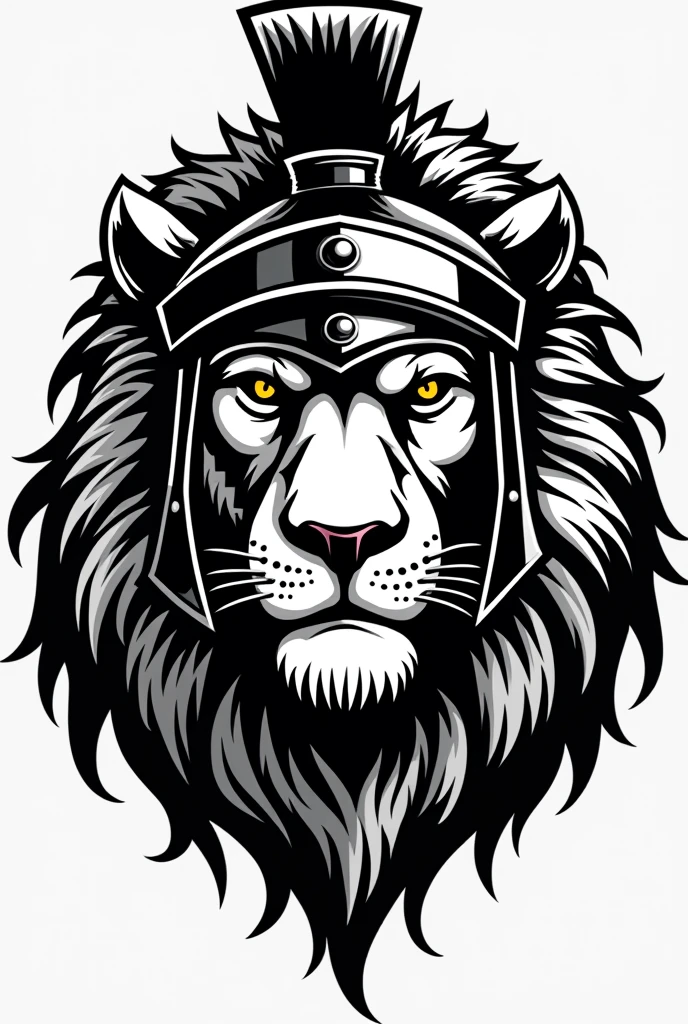 Create a pure black, white background, no details, clip art, a Lion Head with fully spartan helmet facing infront