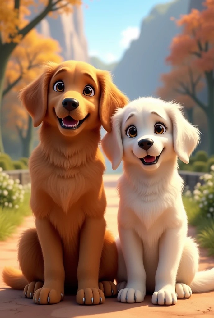 Two golden retriever dogs named Hanna and MEI on a poster for a Disney DreamWorks-type movie , Hanna has brown hair and MEI has white hair, Hanna is a little smaller than MEI