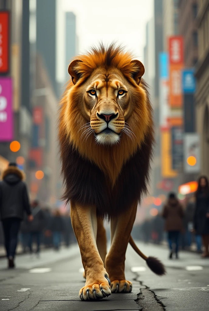 Beautiful lion is walking down the street between the crowded area.