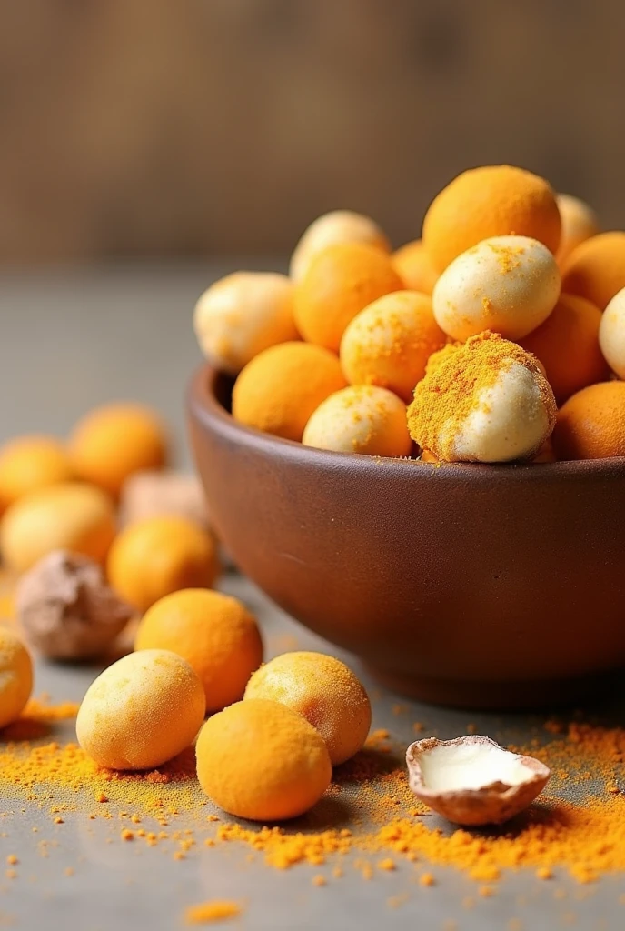 orange cheese powder coated macadamia nuts, put in bowl, There are some macadamia nuts in shell., near angle
