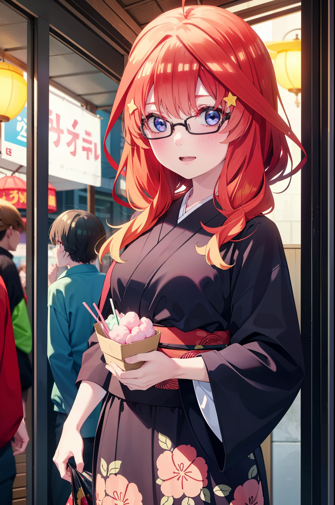 itsukinakano, Itsuki Nakano, bangs, blue eyes, Hair between the eyes, Ahoge, Redhead, star \(symbol\), hair ornaments, star hair ornaments,花のhair ornaments,Black-rimmed glasses,hair tied back,smile,blush,Open your mouth,night,Red Kimono,Long skirt,He is holding cotton candy in his right hand and a clear bag full of cotton candy in his left hand.,Japanese Festivals,Summer festival food stalls,Red lantern,whole bodyがイラストに入るように,
break looking at viewer,whole body, (Cowboy Shot:1. 5),
break outdoors, Veranda,
break (masterpiece:1.2), Highest quality, High resolution, unity 8k wallpaper, (figure:0.8), (Beautiful attention to detail:1.6), Highly detailed face, Perfect lighting, Highly detailed CG, (Perfect hands, Perfect Anatomy),