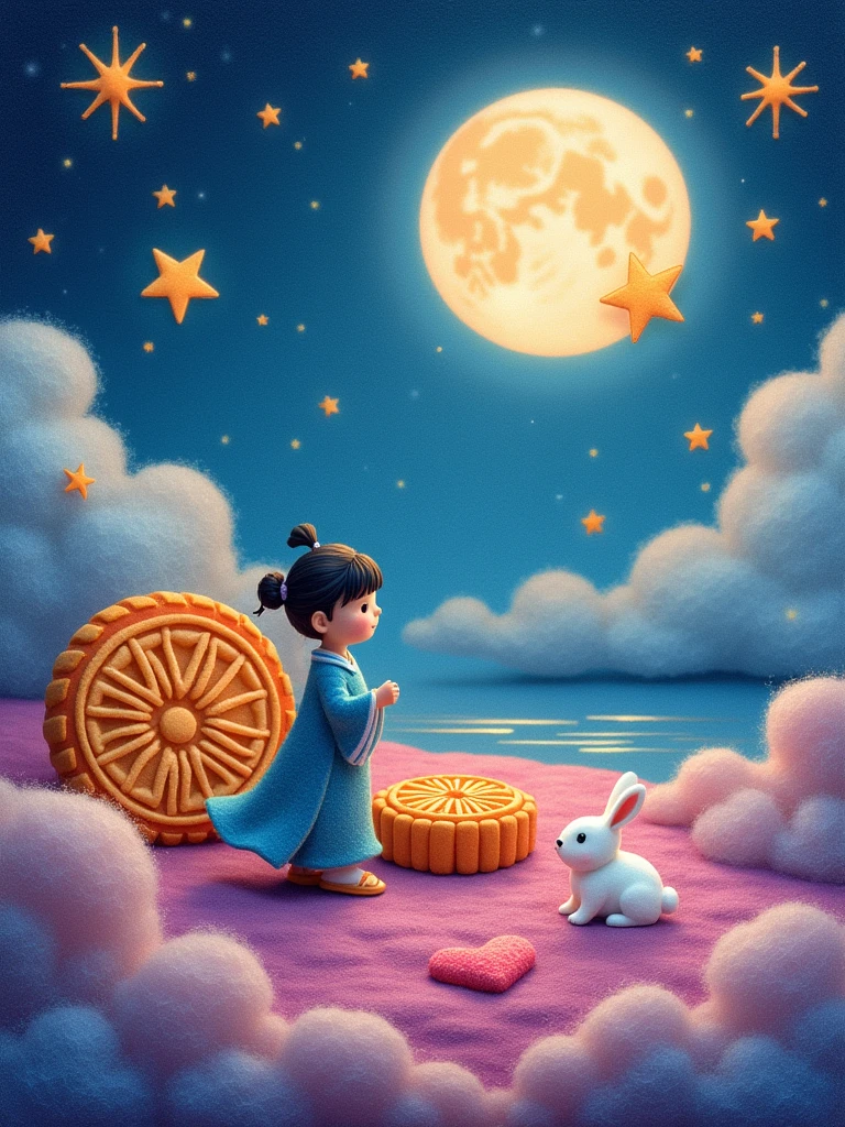 Wool felt style，Surreal space，abstract，Mid-Autumn Festival，1 cute girl wearing Hanfu，Felt clothing looks soft and warm in the moonlight，A bright moon dances gently in the background，Surrounded by the tranquil night sky and hazy clouds，还有闪闪发光的Star，Next to the girl is a huge round moon cake，Looks sweet and delicious，Next to it is a cute rabbit，Fluffy love heart，Fluffy clouds，Star，Ancient Palace，Laurel，Osmanthus fragrans，In a dream，A vibrant and fun way to set the stage，Blue, purple and pink tones，Bright，Art