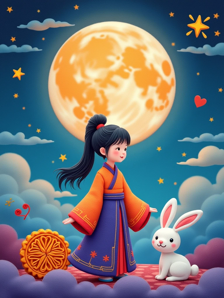 Wool felt style,Surreal space,abstract,Mid-Autumn Festival,1 cute girl wearing Hanfu,Felt clothing looks soft and warm in the moonlight,A bright moon dances gently in the background,Surrounded by the tranquil night sky and hazy clouds,还有闪闪发光的Star,Next to the girl is a huge round moon cake,Looks sweet and delicious,Next to it is a cute rabbit,Fluffy love heart,Fluffy clouds,Star,Ancient Palace,Laurel,Osmanthus fragrans,In a dream,A vibrant and fun way to set the stage,Blue, purple and pink tones,Bright,Art