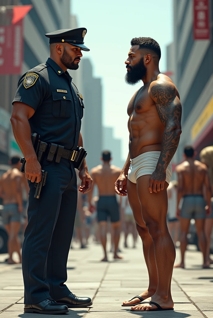 Strong uniformed police officer pointing a pistol at a thin, muscular, bearded mixed race man, in white underwear and flip-flops, with hands on head on a busy sidewalk.