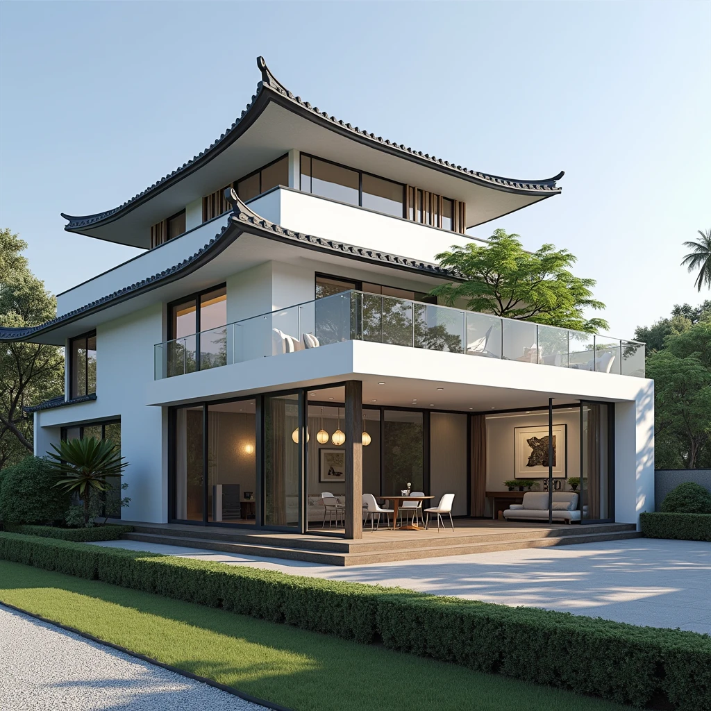 (photoréaliste : 1,2) Maison semi-moderne, semi-enterrée, de style japonais, maison à trois étages avec terrasse éclairée et beau jardin classique, jardin avec de nombreux arbres, toit en tuiles, toit élégant au design japonais, mur blanc, style super réaliste détails