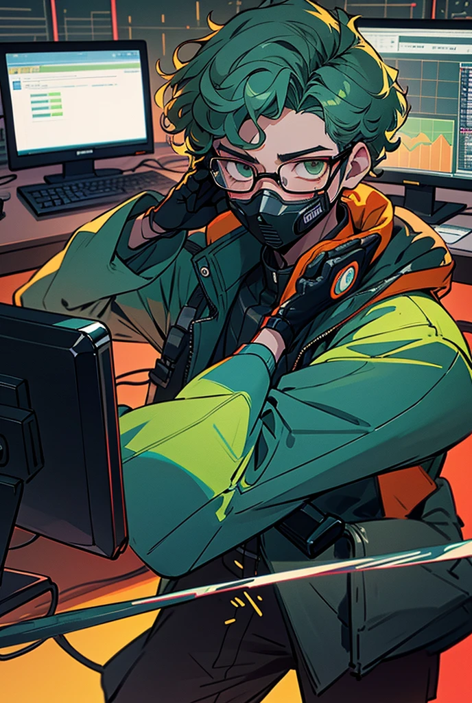 Kpop Boys, late30s, In the computer room, Black leather gloves, Face masks, Looking at trade charts, Wearing a cool suit jacket, Wearing a headset, green messy curly hair, Background shows multiple trading monitors, far and near method,3D Rendering, happy to have won in trading, Glasses, ガッツポーズ