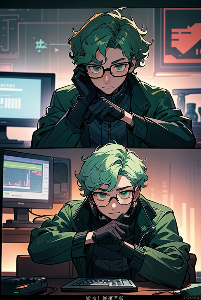 Kpop Boys, late30s, In the computer room, Black leather gloves, Face masks, Looking at trade charts, Wearing a cool suit jacket, Wearing a headset, green messy curly hair, Background shows multiple trading monitors, far and near method,3D Rendering, happy to have won in trading, Glasses, ガッツポーズ
