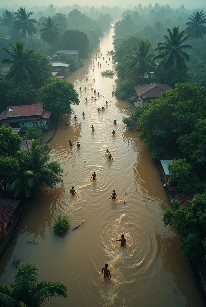 A drone view of massive flood in Bangladeshi village area